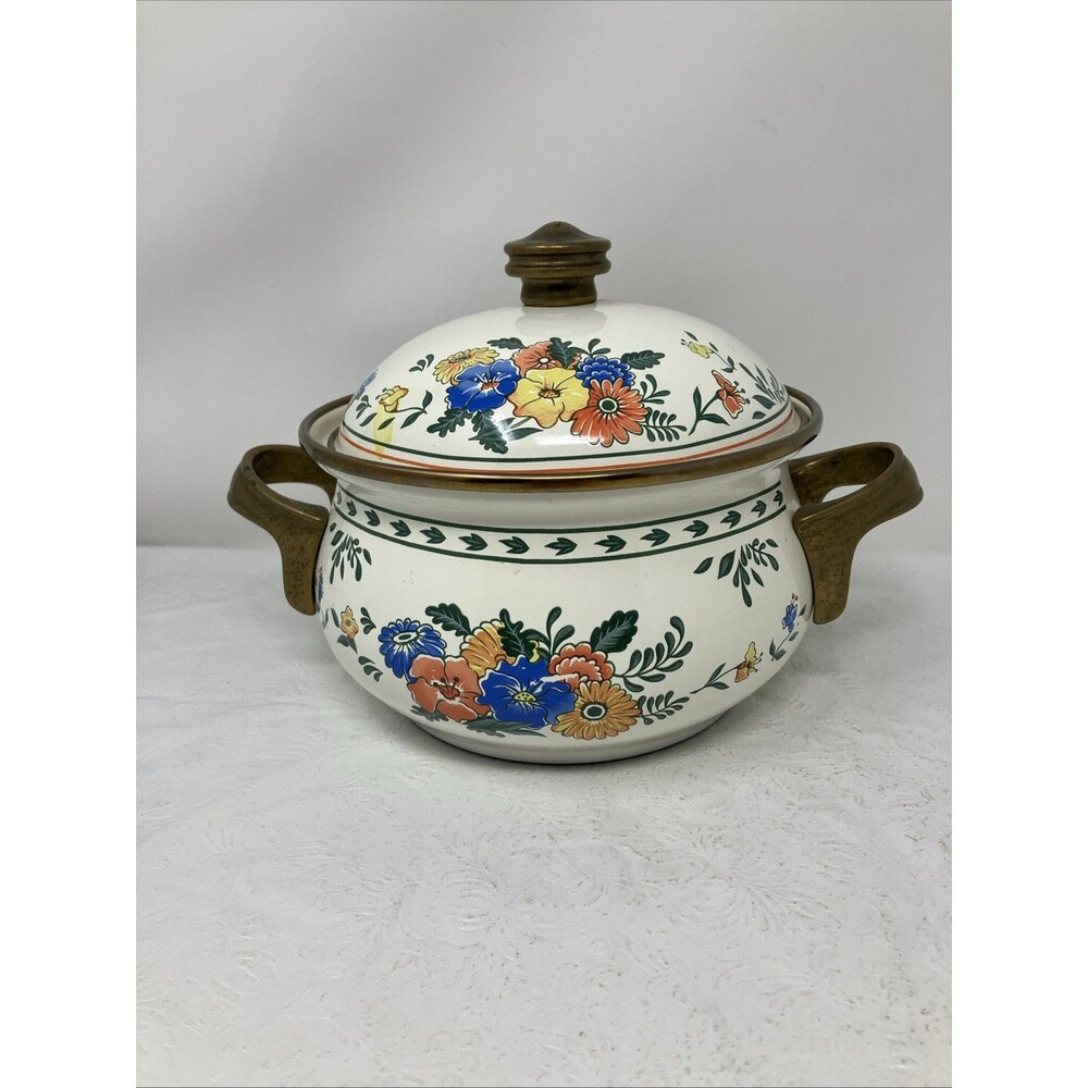 Vintage M Kamenstein Pot Enamelware Dutch Oven Floral  W/lid Cookware 7" 2 Qt